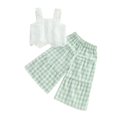 Toddler Girl Summer Outfits Eyelet Embroidery Cami Tops + Plaid Print Wide Leg Pants 2 Pcs Infant Girl Clothes Set (Green, 6-12 Months) | Amazon (US)