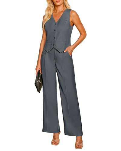 luvamia Pant Suits for Women Dressy Casual 2 Piece Sets Sleeveless Blazer Vest with High Rise Wide Leg Pants Work Office 2 Piece Work Outfits for Women Office Gray 2 Piece Set Women Size 8 Size 10 | Amazon (US)