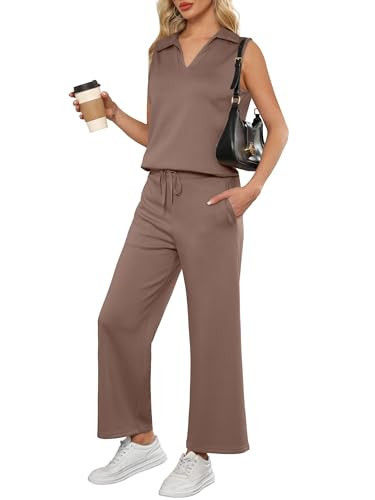ANRABESS Two Piece Sets for Women Summer Outfits Lounge Sets Polo Tank Tops Wide Leg Crop Pants Vacation Travel Outfits Brown X-Large | Amazon (US)