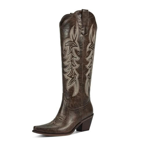wetkiss Brown Cowboy Boots Womens Cowgirl Boots Knee High Retro Woman Western Vintage Embroidery Pointed Toe Chunky Heel Ladies Tall Boot for Concert Rodeo Wedding Parties Dancing Daily Wear Size 7 | Amazon (US)
