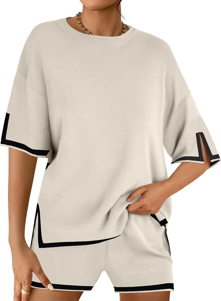 Tankaneo Womens 2 Piece Outfits Tracksuits Summer Short Sleeve Knit Sweater Tops and Shorts Match... | Amazon (US)