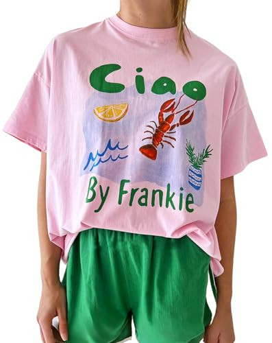 Women Oversized Y2k Floral Shirt Aesthetic Graphic Short Sleeve Loose Top Summer Ocean Print Crewneck Baggy Tees(Dark Pink,Small) | Amazon (US)