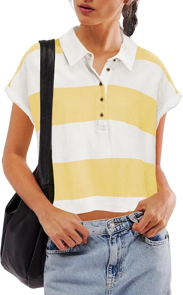 ReachMe Womens Summer Polo Shirts Short Cap Sleeve Going Out Tops Striped Crop Tops V Neck Button... | Amazon (US)