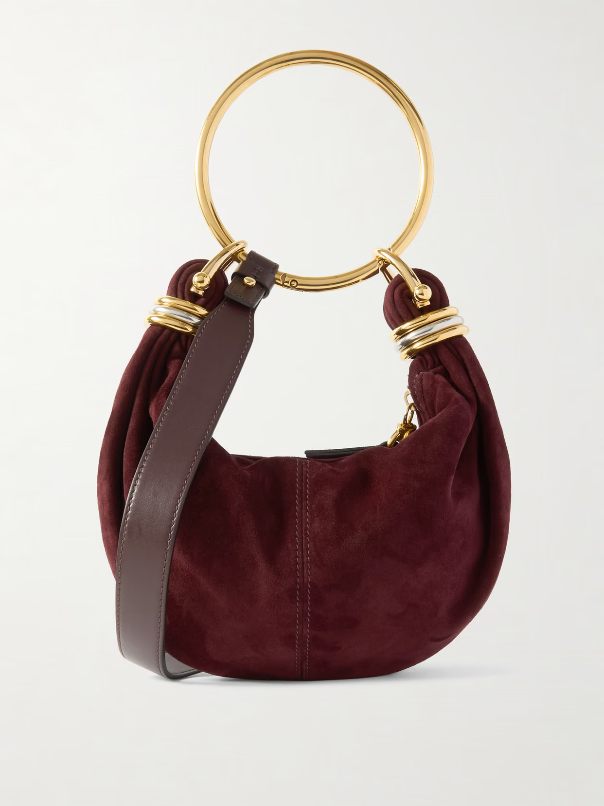 Chloé - Bracelet Embellished Leather-trimmed Suede Shoulder Bag - Burgundy | NET-A-PORTER (US)