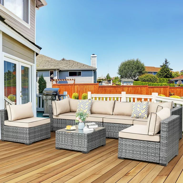 Walsunny 7 Piece Outdoor Patio Furniture Set, Wicker Outdoor Conversation Sectional Sofa Set Khak... | Walmart (US)