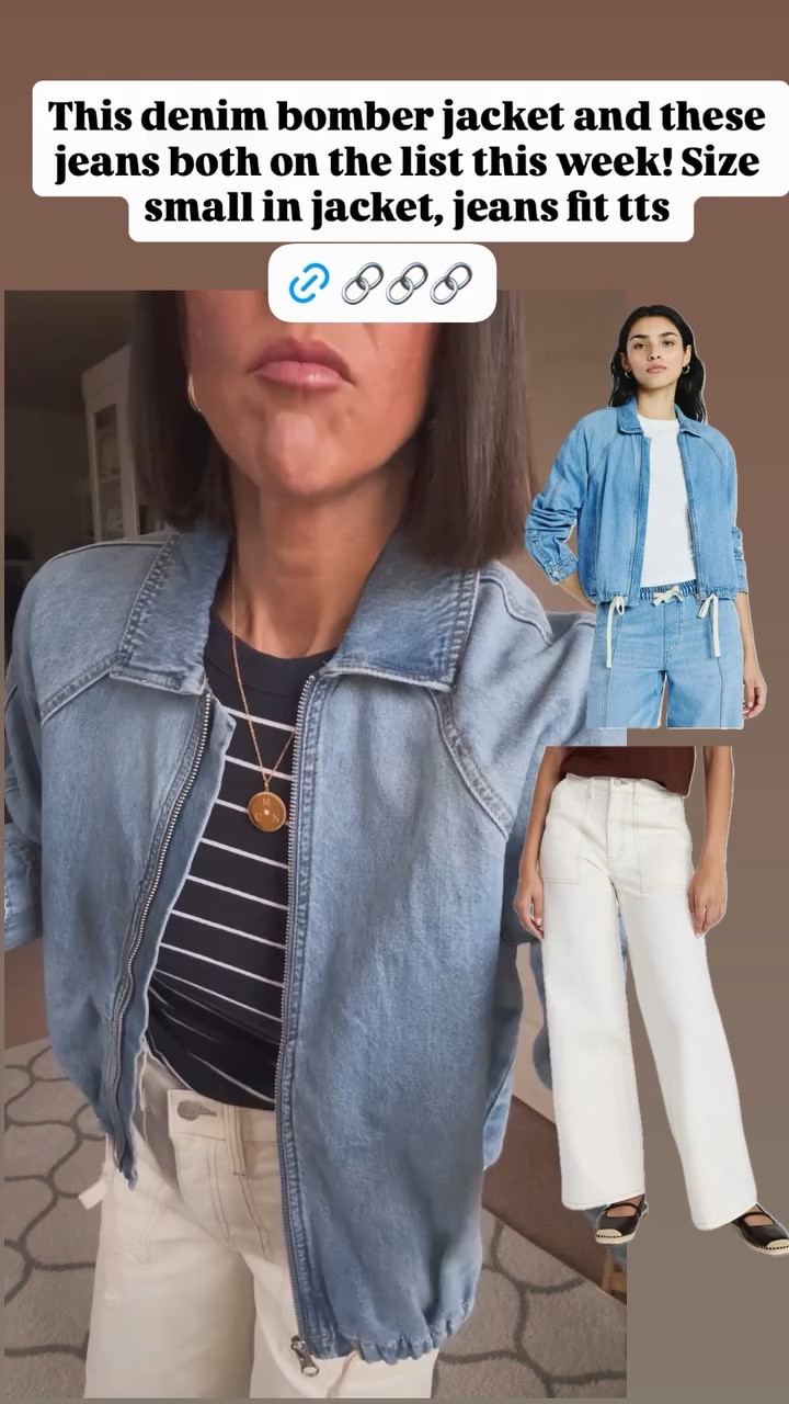 This denim bomber jacket and these jeans both on the list this week! Size small in jacket, jeans fit tts
