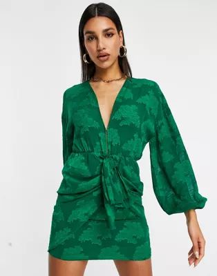 ASOS DESIGN plunge tie front mini dress in floral jacquard in green | ASOS (Global)