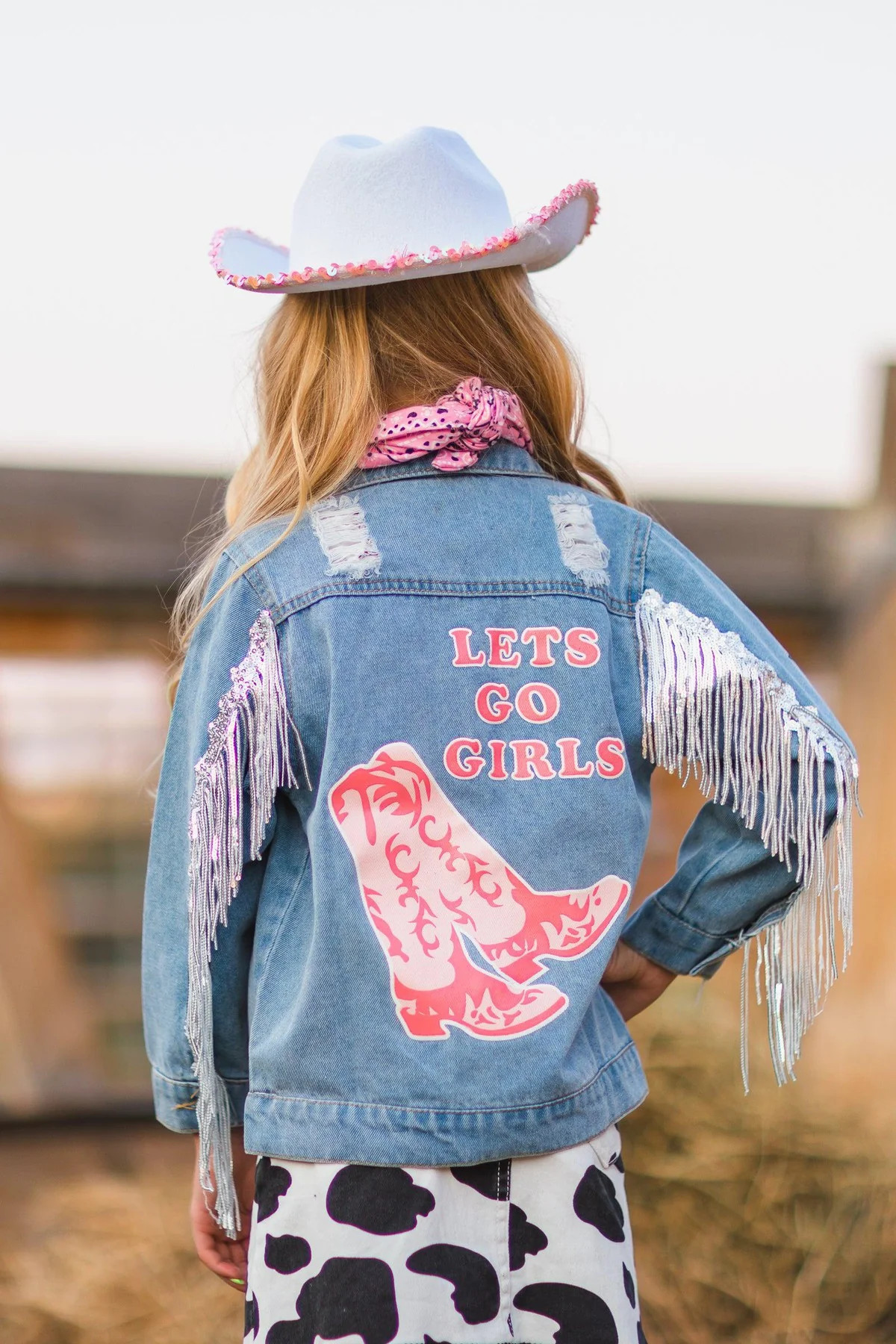 Cowgirl "Lets Go Girls" Silver Fringe Denim Jacket | Sparkle In Pink