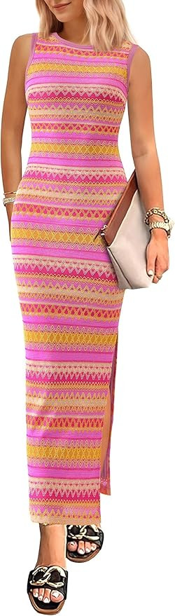 PRETTYGARDEN Womens Maxi Tank Spring Dress Sleeveless Crew Neck Striped Side Slit Casual Long Bod... | Amazon (US)
