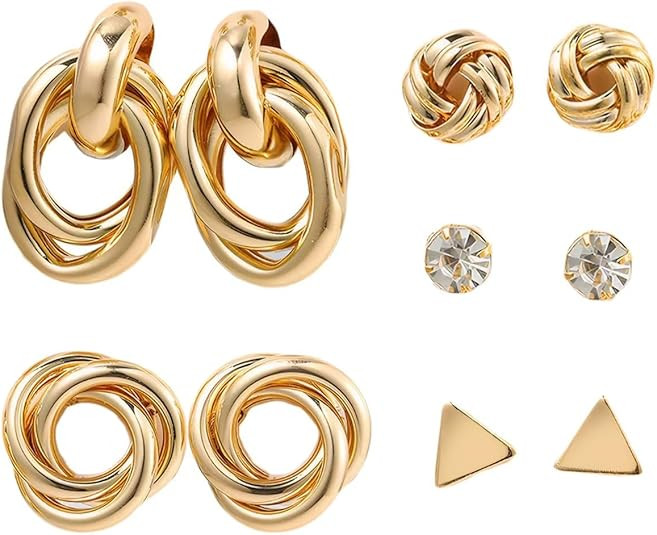 5 Pairs Chunky Statement Earrings for Women 14K Gold Plated Twisted Geometric Hypoallergenic Ligh... | Amazon (US)