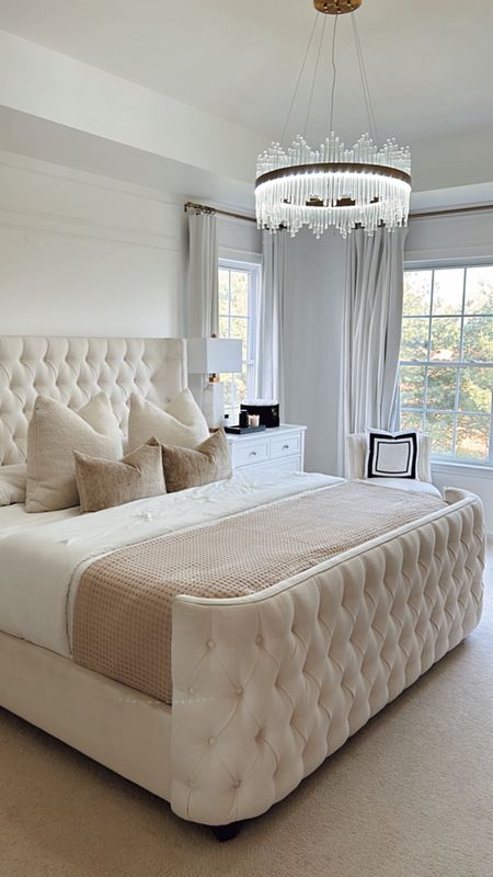   BEDROOM ON A BUDGET 
Bedding, affordable finds, upholstered bed, waffle blanket, nightstand, chandelier, curtain rods, drapery , accent chair, throw pillows 

#LTKSaleAlert #LTKStyleTip #LTKHome