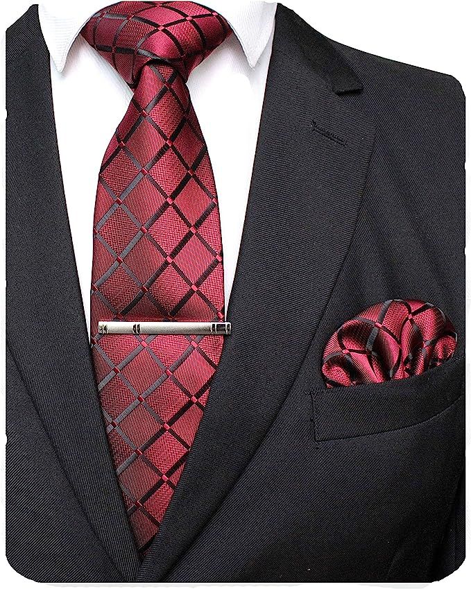 JEMYGINS Solid Color Mens Plaid Tie and Pocket Square with Tie Clip Sets | Amazon (US)