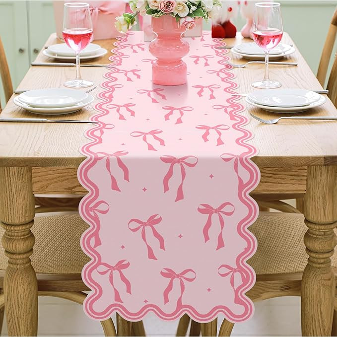 Pink Bow Table Runner 72 Inches Cute Bow Heart Fabric Scalloped Table Runner Coquette Dining Deco... | Amazon (US)