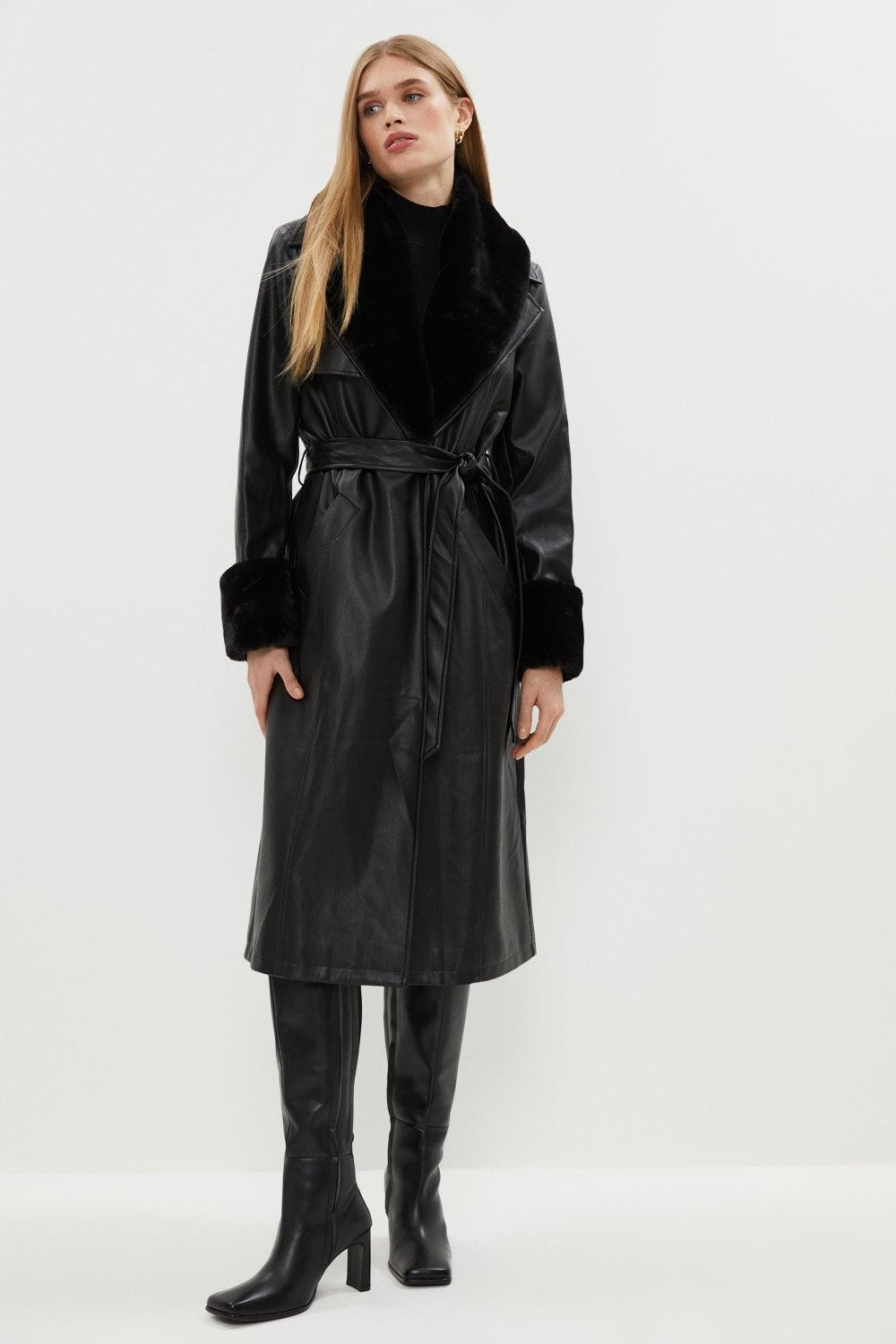 Faux Fur Detail Belted Pu Trench Coat | Coast UK & IE