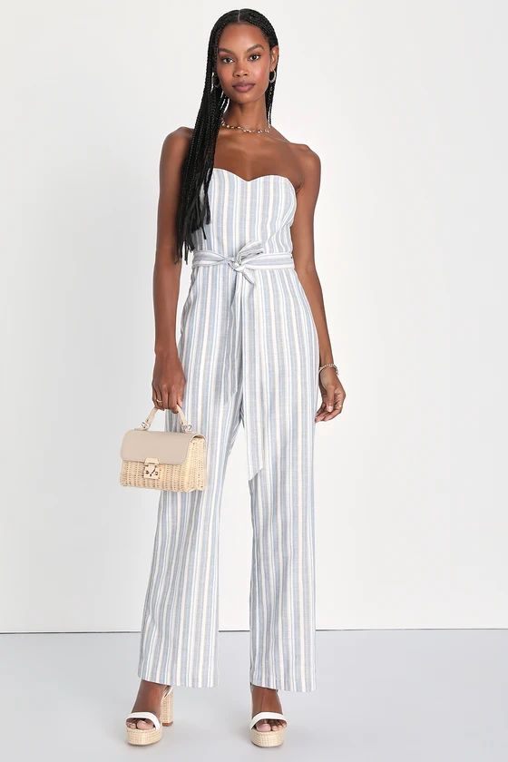 Feeling Phenomenal Ivory and Blue Striped Strapless Jumpsuit | Lulus (US)