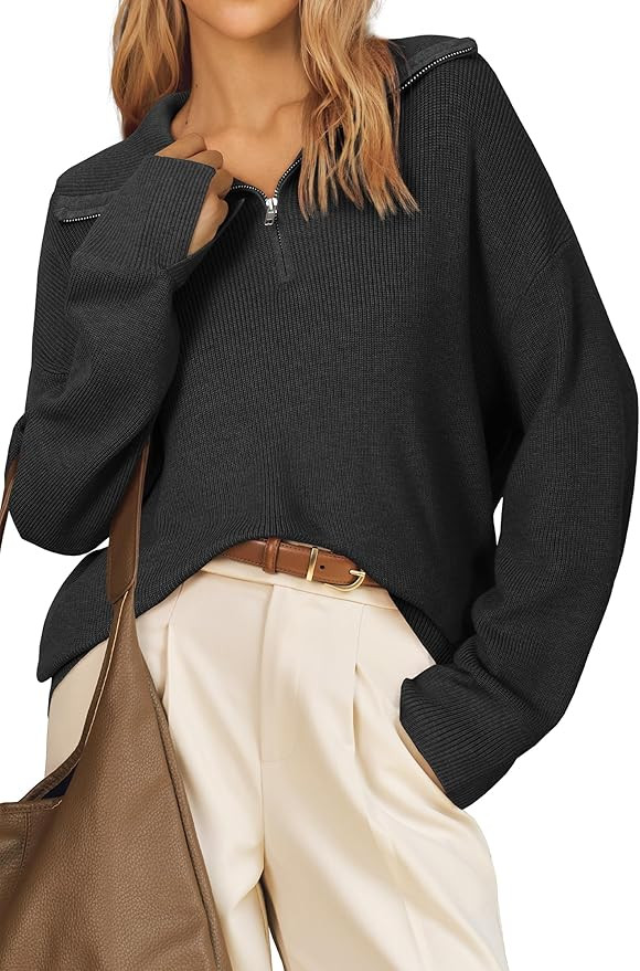 Arach&Cloz Women's Wool Blend Lapel Quarter Zip Fall Winter Trendy Casual Oversized Fit Sweater T... | Amazon (US)