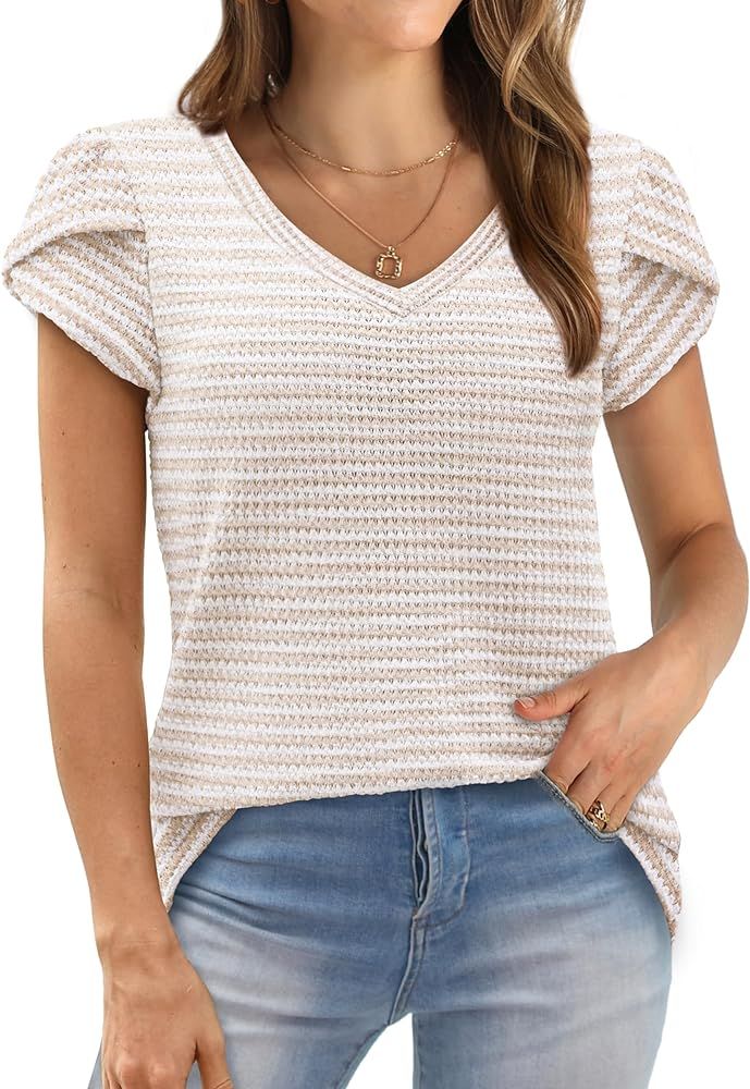 WIHOLL Womens Tops Dressy Casual Short Sleeve Summer Shirts Loose Fit Fashion V Neck Waffle Knit | Amazon (US)
