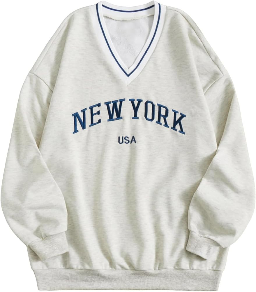 COZYEASE Women's Letter Graphic V Neck Long Sleeve Sweatshirt Casual Drop Shoulder Lined Pullover... | Amazon (US)