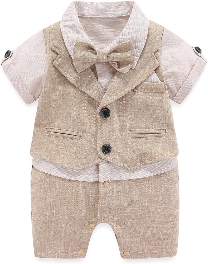 Amazon.com: Hresadio Baby Boy Gentleman Romper with Bow Tie Newborn Tuxedo Jumpsuit Baby Formal O... | Amazon (US)