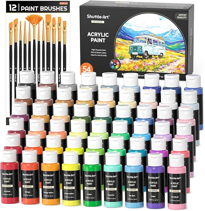 54 Colors Acrylic Paint, Shuttle Art Acrylic Paint set with 12 Paint Brushes, 2oz/60ml Bottles, R... | Amazon (US)