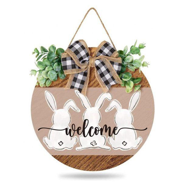 Easter Wooden Hanging Sign Bunny Rabbit Welcome Sign Door Decoration with Bow Rustic Easter Wood ... | Walmart (US)