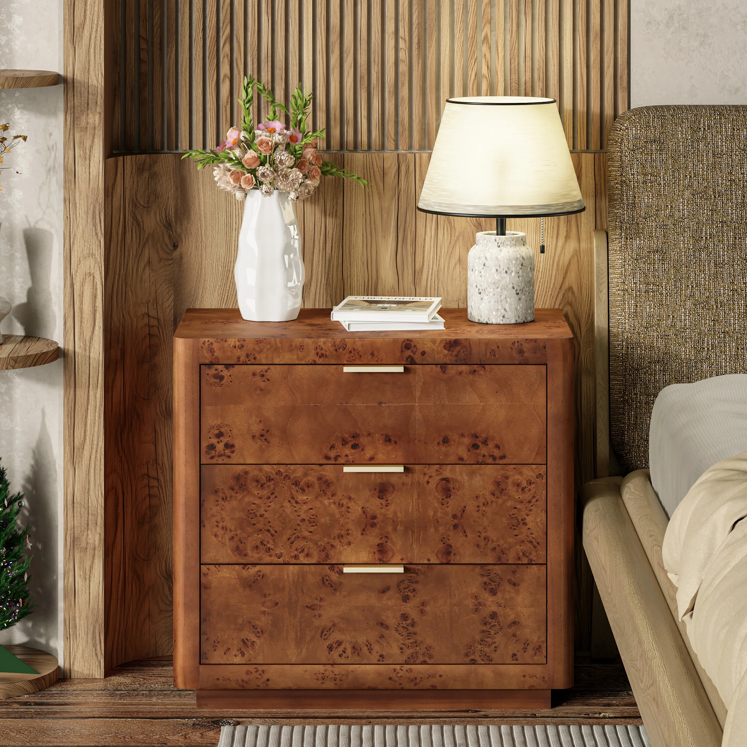 Manish Fully Assembled Rustic Farmhouseburl Finish 3 Drawer Nightstand Dresser | Wayfair North America