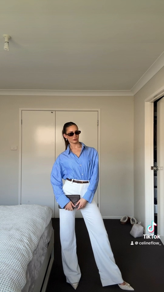 Old money inspired outfit - oversized blue striped button up shirt paired with white pants. Size AU 6 in the pants and S in skirt for the oversized look. 

#LTKspring #FashionMonth #LTKaustralia