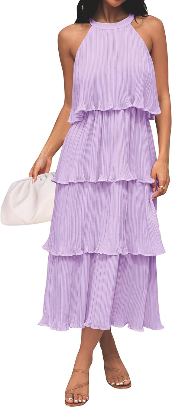 ZESICA Women's 2025 Summer Sleeveless Halter Neck Ruffle Tiered Layed Chiffon Flowy Swing Long Mi... | Amazon (US)