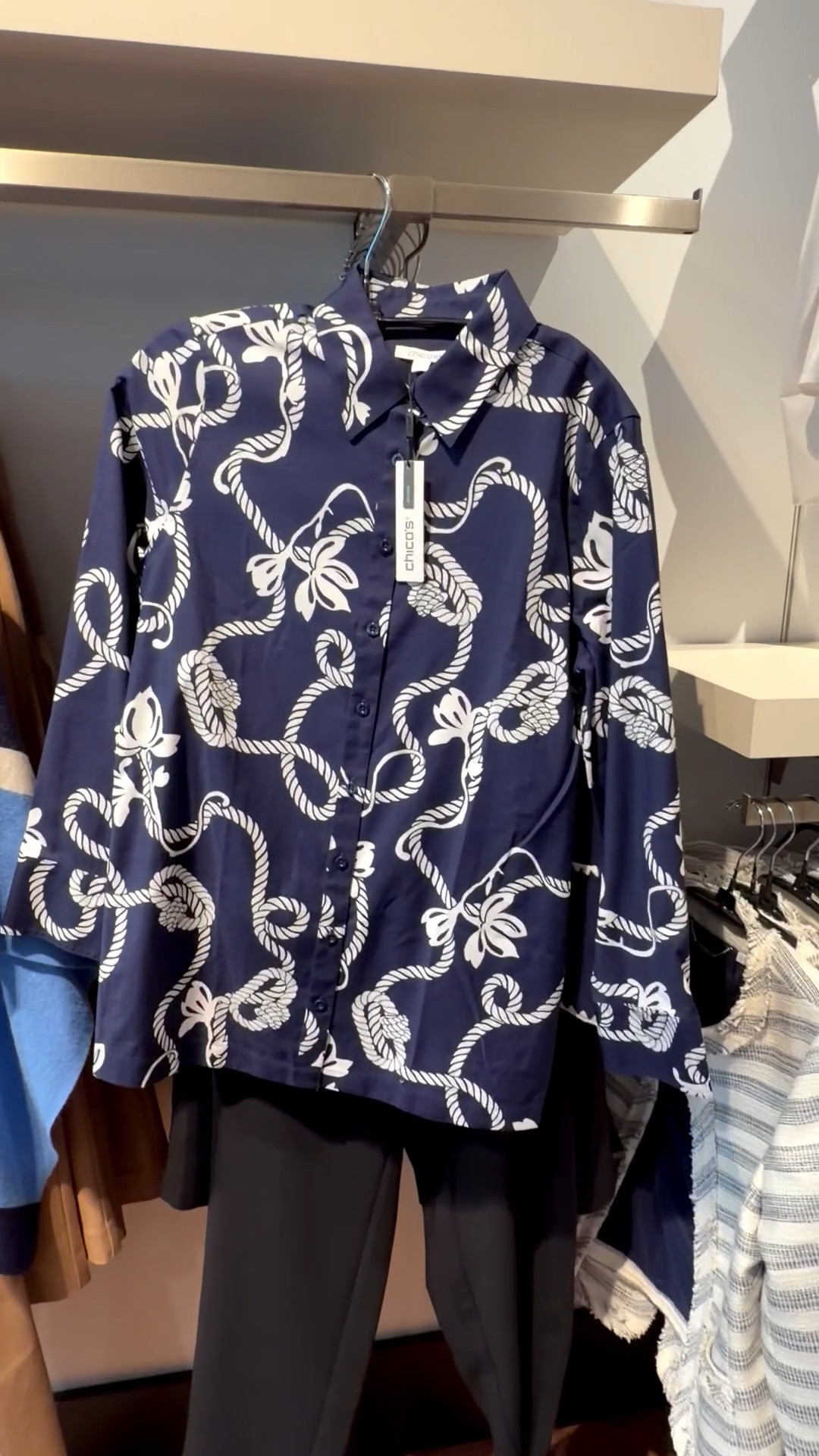 Vacation ready…. bestselling No Iron™ tunic showcasing an ode to exquisite, timeless collared shirts. This classic got an update with the romantic rope print. This ready-to-wear right out of the dryer (without the hassle of ironing
Wear with white pants, jeans, capris or shorts
I am 5’7” 130 #’s I wear a size 0 in Chico’s unique sizing. 

#LTKTravel #LTKOver40 #LTKSaleAlert