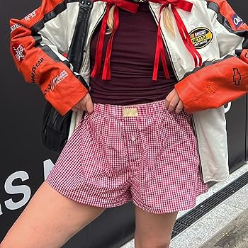 Y2k Plaid Shorts Baggy Boxer Shorts for Women Elastic Waist Casual Lounge Bottom Gingham Pajama S... | Amazon (US)