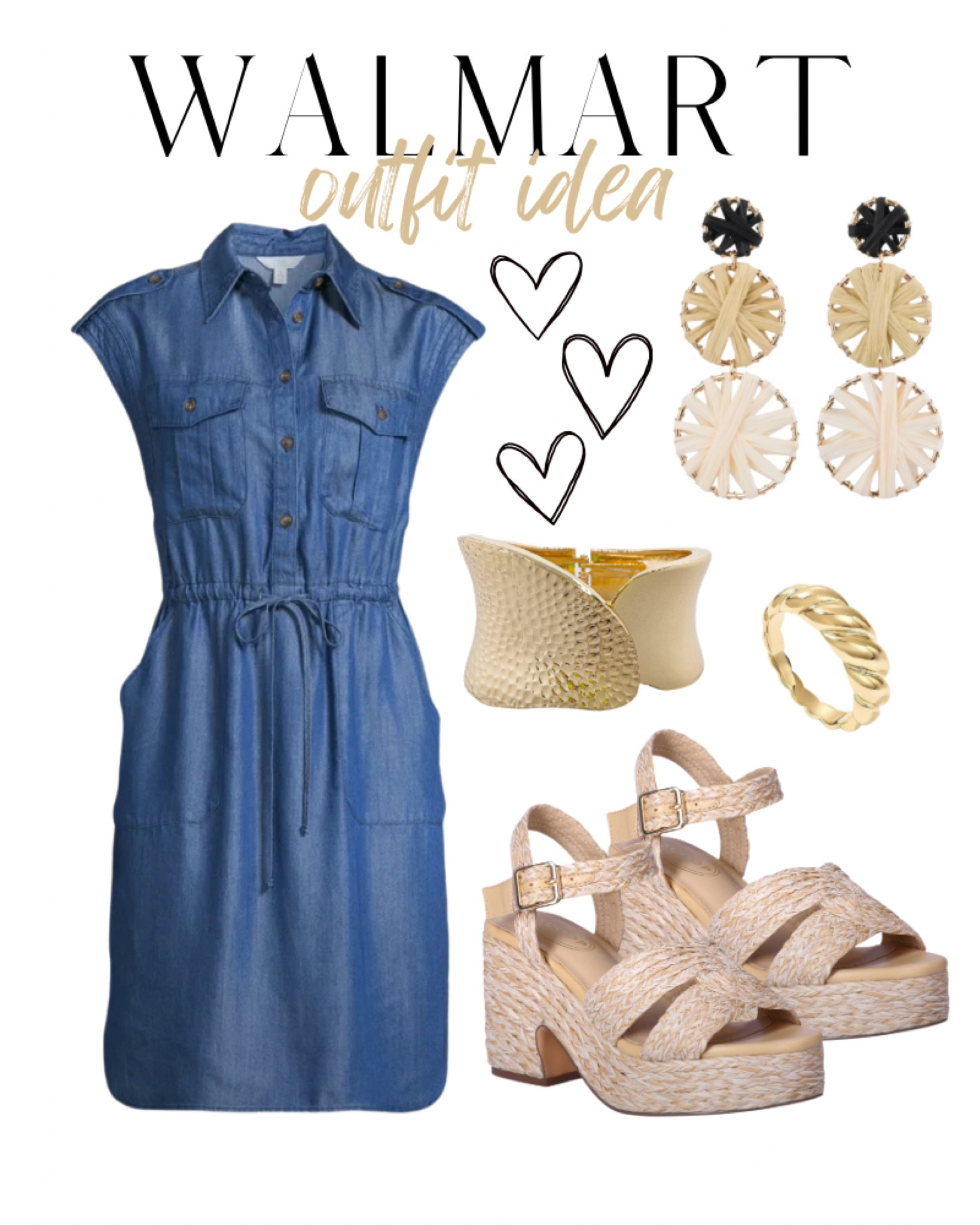 Walmart outfit, Walmart new arrivals, denim dress, chambray dress, platform sandals, woven sandals

#LTKfindsunder50 #LTKSeasonal #LTKstyletip