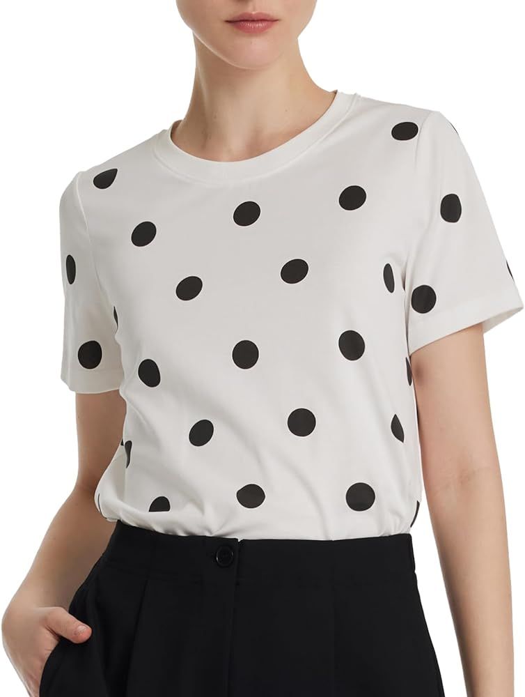 GOELIA 100% Pure Cotton T-Shirt for Women White Summer Short Sleeve Crewneck Chic Polka Dots Prin... | Amazon (US)