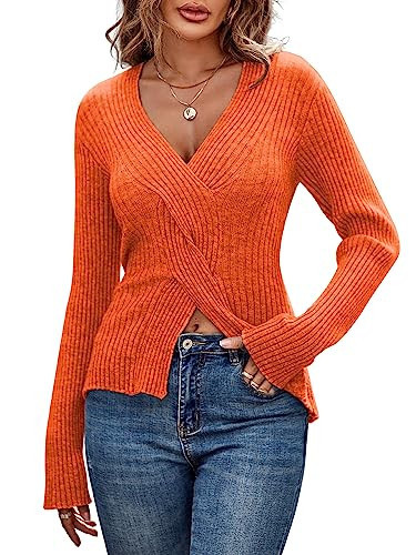 ZAFUL Women's Criss Cross V Neck Sweaters 2024 Fall Front Slit Ribbed Knit Pullover Sweater Jumper Tops Orange | Amazon (US)