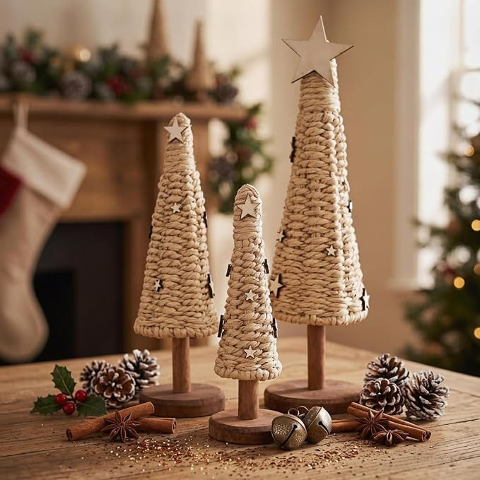 3 Pcs Woven Rattan Christmas Trees with Star Wooden Base Xmas Tree | Amazon (US)