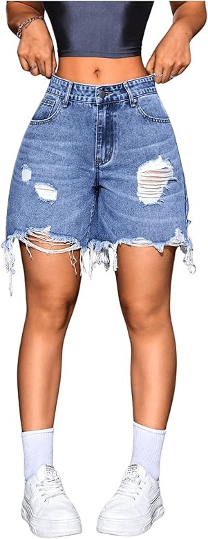 MakeMeChic Women's Ripped Raw Trim Jean Shorts Drop Waist Casual Bermuda Denim Shorts | Amazon (US)