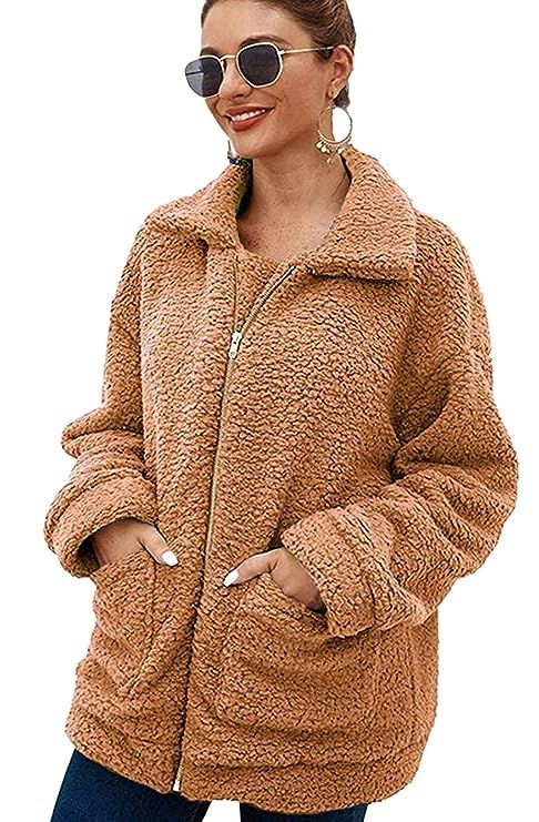 YYW Womens Shearling Coat Long Sleeve Lapel Zip Up Shaggy Sherpa Jacket Camel Faux Oversized Outw... | Amazon (US)