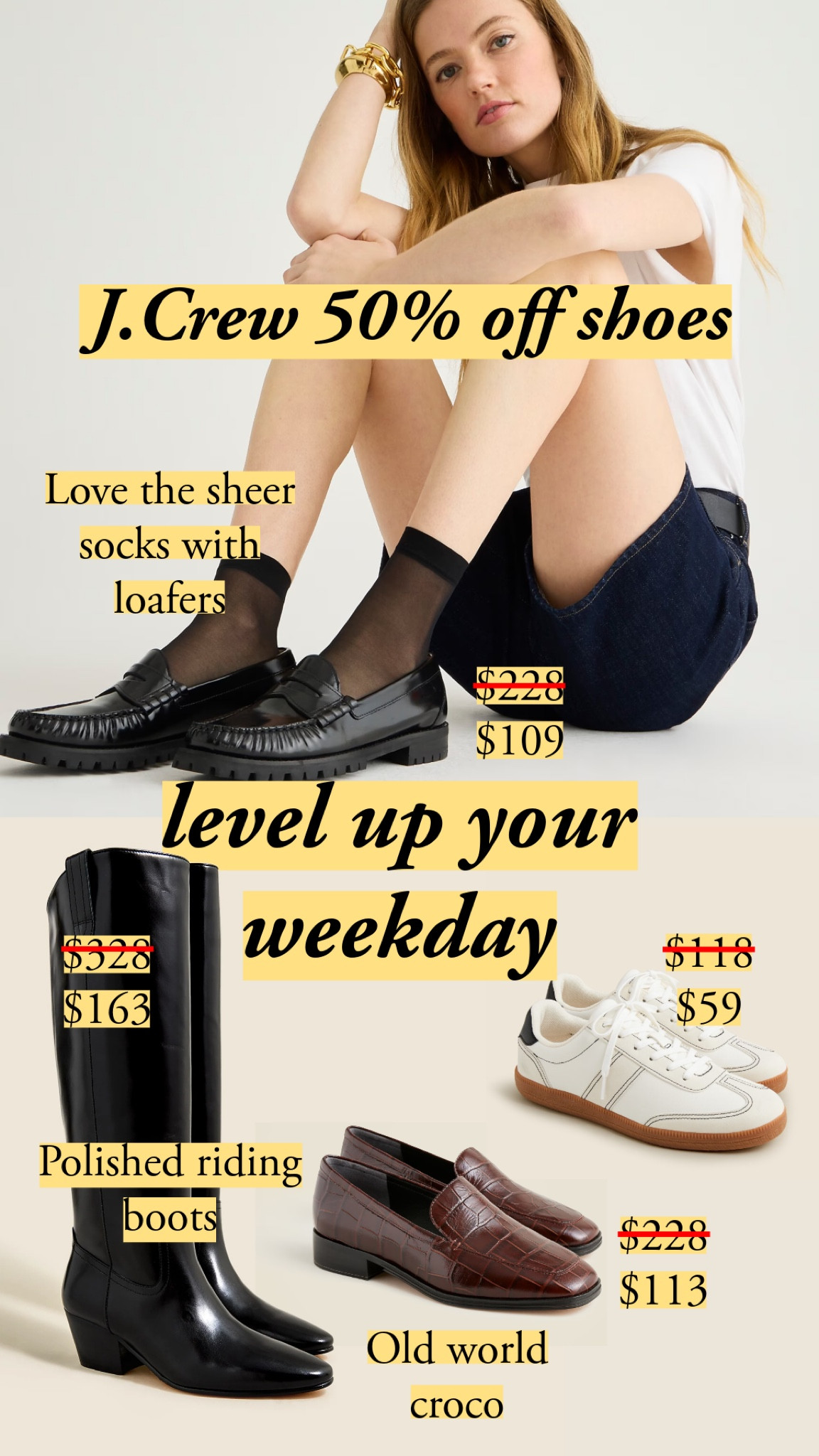 DISCOUNT CODE
Extra 50% off sale styles with code SHOPSALE

J.Crew is taking 50% off shoes for 25 hours. Here are daily drivers that will level up your weekday. 

I don’t wear sneakers, but these minimal styles have got me questioning my life choices. 

The Piper knee high boots hit all the right notes for that polished riding look. 

And I love their styling here: the sheer socks add that chic whimsy I love so much about J.Crew  

#LTKSaleAlert #LTKShoeCrush #LTKFindsUnder100