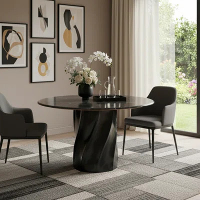 48" Black Marble and Wood Pedestal Base Round Top Dining Table | Wayfair North America