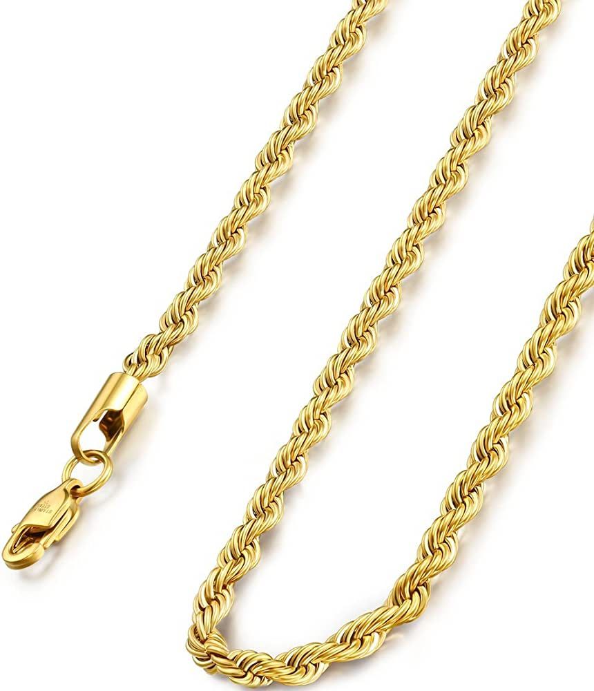 FIBO STEEL 18k Real Gold Plated 2.5-8 MM Stainless Steel Mens Womens Necklace Twist Rope Chain, 1... | Amazon (US)