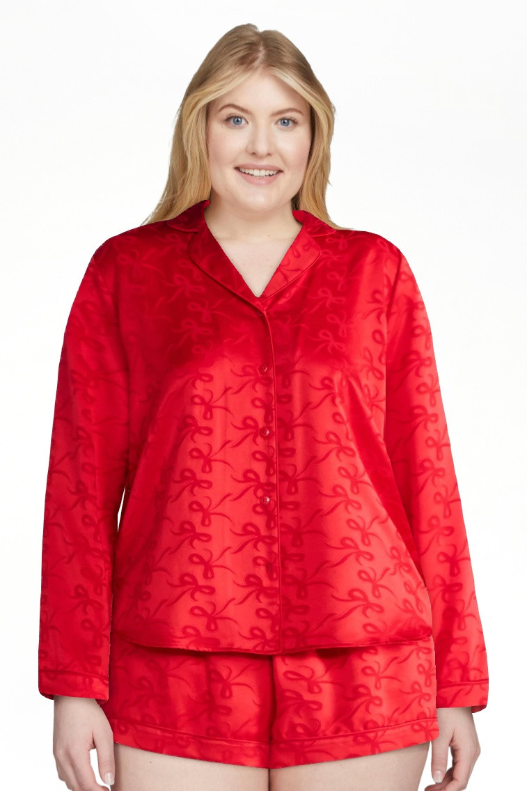 Joyspun Women’s Stretch Satin Notch Long Sleeve Top and Shorts Pajama Set, 2-Piece, Sizes XS-3X | Walmart (US)
