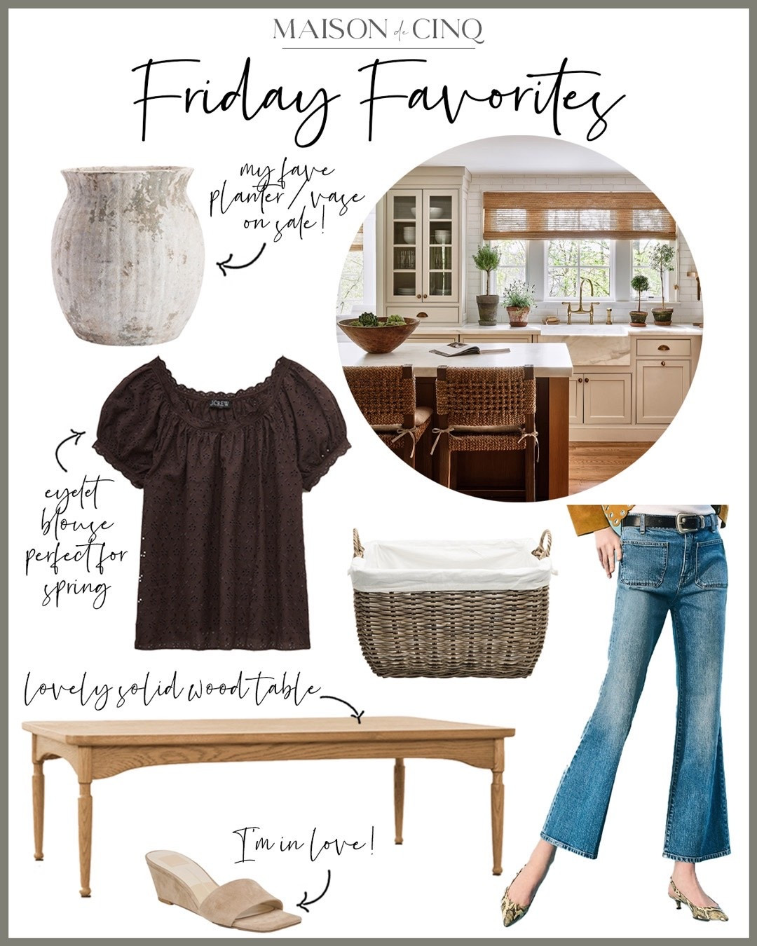 So many great finds on Friday Favorites this week like adorable Jeans on sale, an amazing coffee table, pretty linen sweaters, my fave rustic vases on sale, plus gorgeous pale blue bags, and much more!

Home decor, spring decor, spring fashion, spring handbags, spring outfit, blouse, spring sweaters, laundry basket, table lamp 

#LTKHome #LTKOver40