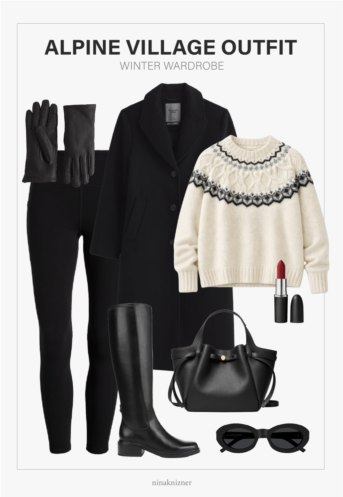 Black and white alpine outfit with a hint of red. The elevated way.

Super cute and cozy for walking around the town or village. This festive Lilysilk sweater is heirloom quality and can be worn all season long year after year. Would pair with black, grey or cream pieces. Here, I kept it simple and created color contrast to really make this pullover shine! 

- Quince Cashmere Lined Leather Gloves in Black 
- Lululemon Fast and Free Thermal Leggings in Black
- Abercrombie Wool-blend Tailored Toocoat in Black 
- Lilysilk Fair Isle Crewneck Sweater in Cream
- MAC Retro Matte Lipstick in Ruby Woo
- Franco Sarto Gisella Knee High Riding Boot in Black
- Torg Burch Small Romy Tote in Black Leather
- Saint Laurent Monogram Hinge 52mm Oval Sunglasses in Black


#alpine #mountain #leather #cashmere #gloves #black #thermalleggings #leggings #woolcoat #fairisle #sweater #blackleatherbag #toryburch

#LTKSeasonal #LTKActive #LTKTravel