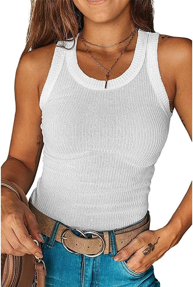 Women's Ribbed Tank Tops Summer Sleeveless Slim Camisoles Scoop Neck Casual Shirts | Amazon (US)
