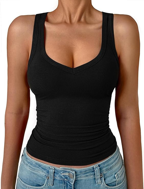 GKBK Womens Sleeveless Tank Top Form Fitting Spaghetti Strap V Neck Ribbed Knit Basic Cami Layeri... | Amazon (US)