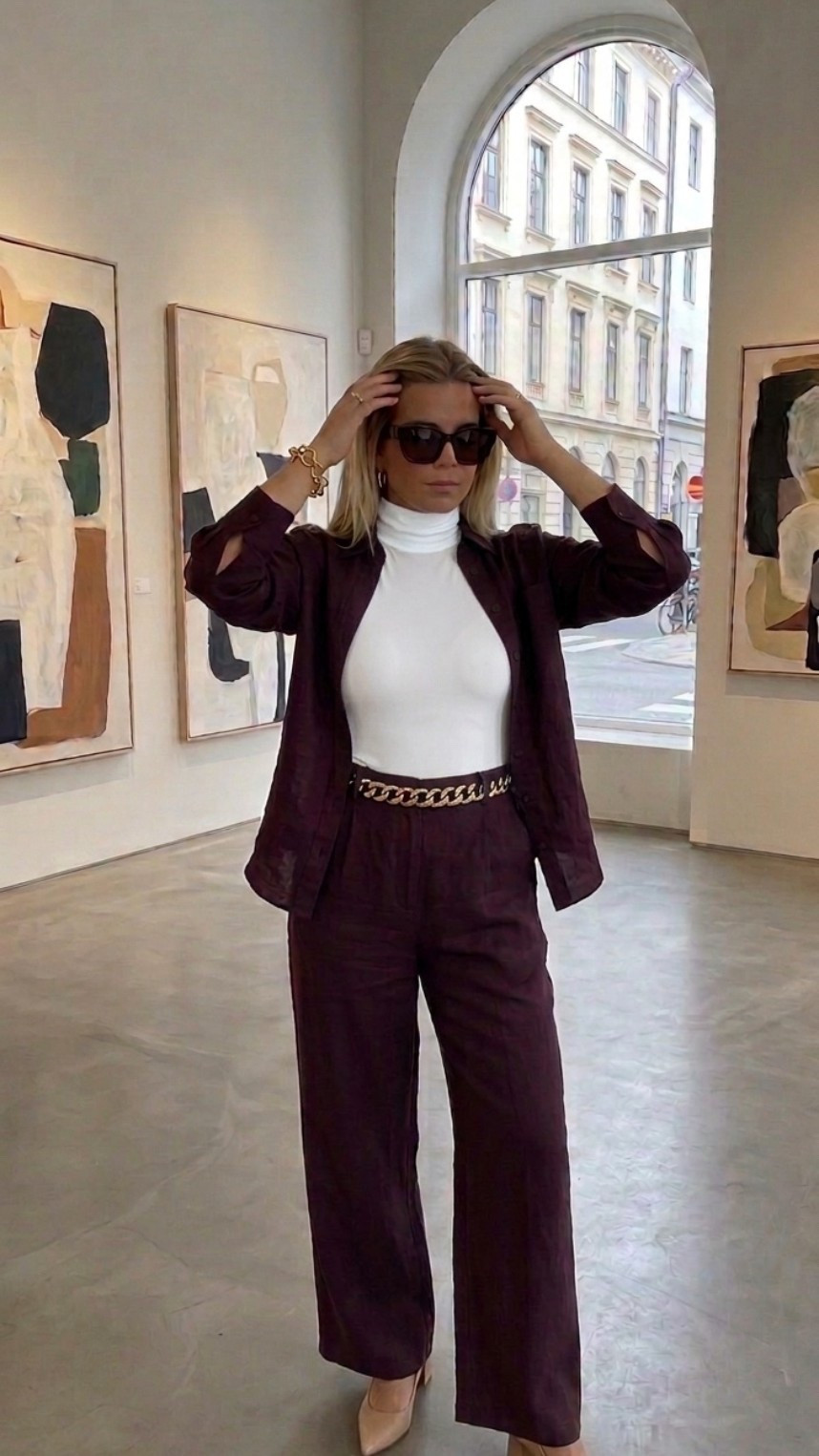 This plum linen matching set is the definition of effortlessly chic for fall transitioning. I’m layering it over a classic white turtleneck and accessorizing with a statement gold chain belt to elevate the vibe. I can’t get over how cozy yet sophisticated this outfit is. 

Perfect for a day of art or a chic coffee date. Tap to shop 😍

Xoxo, 
Ana Randall 💗

#LTKdatenight #LTKstyletip #LTKautumn