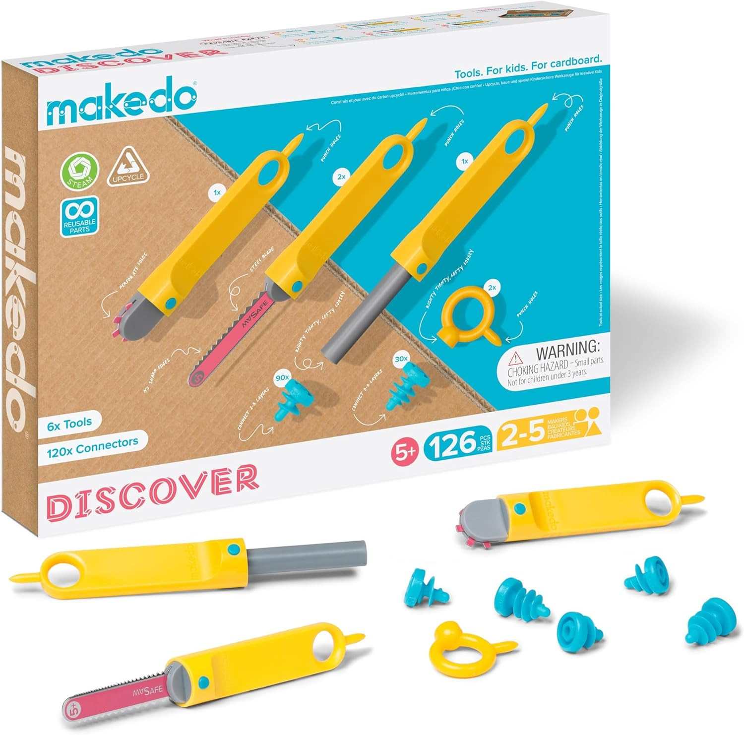 Makedo Discover | 126 Piece Cardboard Construction Toolbox for 1-5 makers | STEM and STEAM Educational Toys for Kids | At Home Play + Classroom Learning | Reusable Tools for Boys and Girls Age 5+ | Amazon (US)