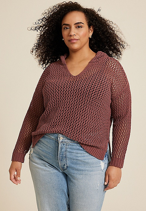 Plus Size Open Stitch Hooded Pullover | Maurices