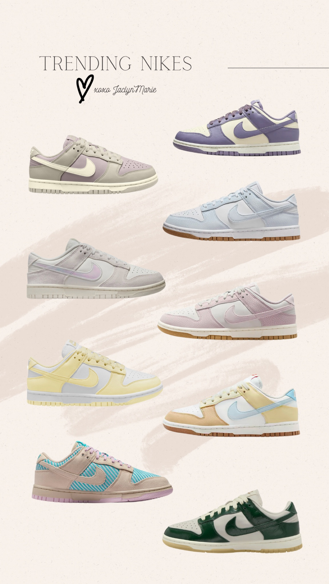 New Nike dunks ; Mother’s Day gift ; spring sneakers ; summer sneakers ; womens dunk sneakers ; pink Nike dunk ; yellow Nike dunk ; purple sneakers ; new summer Nikes 

#LTKshoecrush #LTKGiftGuide #LTKSeasonal