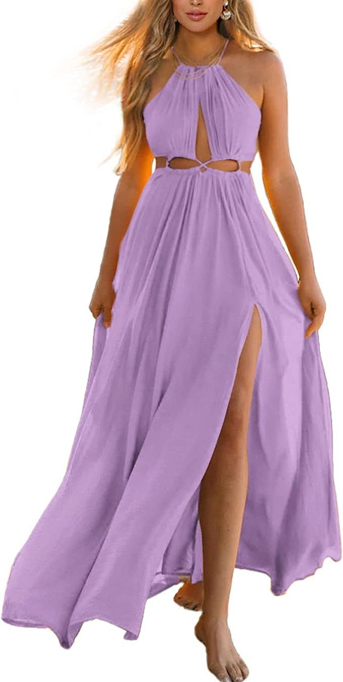 BTFBM Women 2023 Summer Sleeveless Cutout Halter Maxi Dress Backless Boho Casual Beach Party Cock... | Amazon (US)