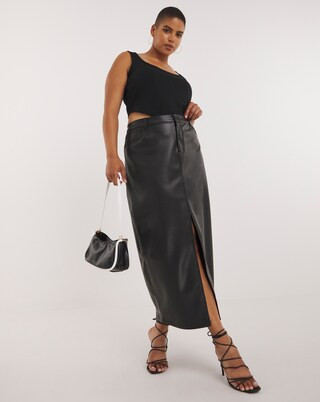 Black PU Stretch Maxi Skirt with Front Split | Simply Be (UK)